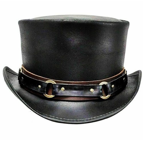 Rocker Black Leather Slash Style Top Hat Conchos band Replica Fans HIGH ...