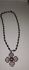 Women's Necklace Rachel Red Enamel  Rhinestone Pendant black Beaded  14"