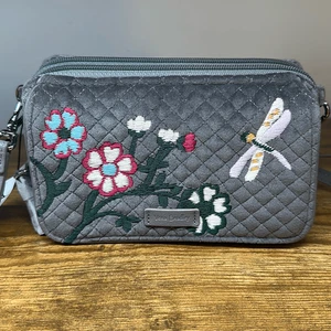 Vera Bradley Iconic RFID All in One Crossbody Wristlet Gray Dragonfly Flower NWT - Picture 1 of 10