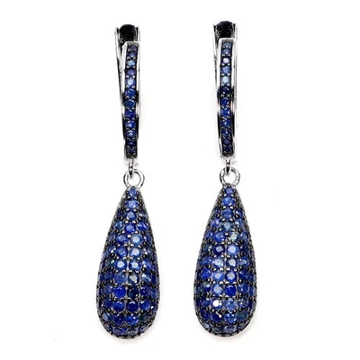 925 Orecchini Argento Sterling Zaffiro Blu Diamante Rotondo Taglio Gemma - Immagine 1 di 4