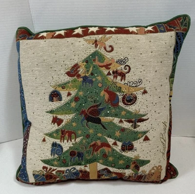 Almohada tapiz Navidad gato Laurel Burch 18" cuadrados Espalda de gamuza ultra verde Foto 1 de 4