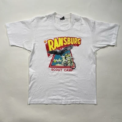 Camiseta vintage de los 80 Ransburg Boy Scout Camp puntada única blanca talla grande Foto 1 de 4