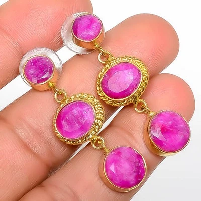 Pendiente antiguo enchapado en oro amarillo de 18k con piedras preciosas de rubí (simulado) 1,56" E7-800 Foto 1 de 3