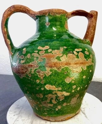 Cruche ancienne en terre cuite émaillée verte estampille « 2 » Orjol Gargoulette - Photo 1/4