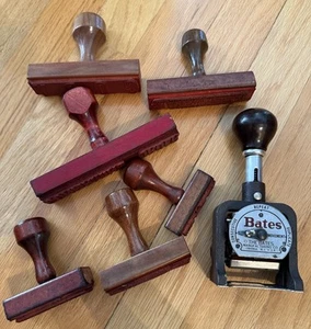 Vintage Lot 7 Rubber & Steel Office Business Ink STAMPS Ink Wood Handles - Picture 1 of 19