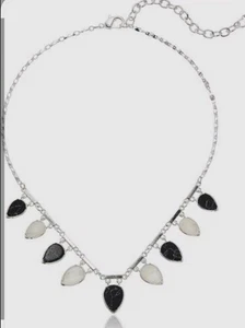 New Chaps Women's Silver Tone Small Frontal Necklace Jet Black Marble White - Picture 1 of 7