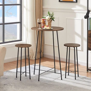 3 Piece Pub Table Set 2 Stools Breakfast Outdoor Round Bar Dining Table Set - Picture 1 of 36
