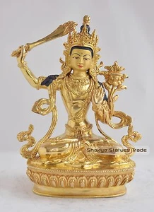 Hand Carved Gold Face Painted 9" Manjushri Jambiyang Gold Gilded Copper Statue - Imagen 1 de 4