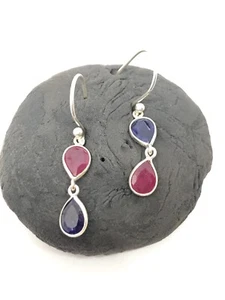 Ethnic Blue Sapphire & Ruby Sterling Silver Drop Dangle Earring With GiftBox1003 - Picture 1 of 6