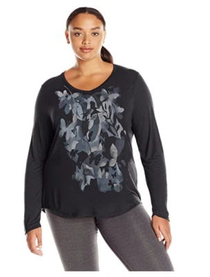 NWT Just My Size 4X  Light Weight L/S V Neck Glitzy Graphic Tee Top Black Multi - Image 1 of 4