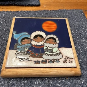 Caprichio Art Pottery Tile Trivet Indigenous Eskimo Inuit Winter Children - Picture 1 of 7