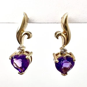 Vintage 10K Solid Yellow Gold Heart Cut Natural Amethyst With Diamond Accent - Picture 1 of 16