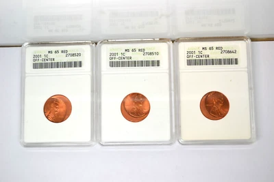Trio of 2001 Lincoln Off-Center Cents- ANACS MS-65 RED.  Dramatic Errors!! - Image 1 of 4
