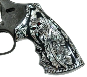 S&W K, L FRAME MOTHER OF PEARL GRIPS FIT SQUARE/ROUND BUTT BLACK GRIM REAPER ART - Picture 1 of 23
