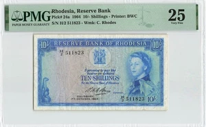 RHODESIA 10 Shillings 1964, P-24a, 7.10.1964, H/2 Prefix, QEII Note, PMG 25 VF. - Picture 1 of 2
