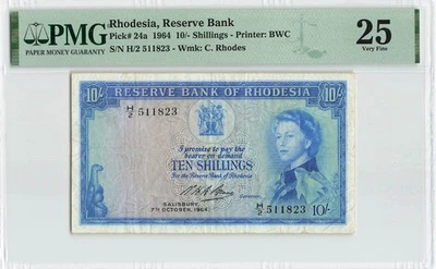 RHODESIA 10 Shillings 1964, P-24a, 7.10.1964, H/2 Prefix, QEII Note, PMG 25 VF. - Image 1 of 2