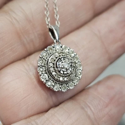 Sterling Silver Diamond Necklace Round Pendant .925 Halo Cluster Tested Chain - Image 1 of 4