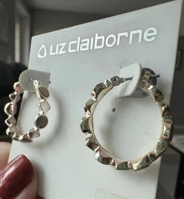Liz Claiborne 1” Hoop Pierced Earrings Silver With Tan Stones New With Card - Image 1 of 4