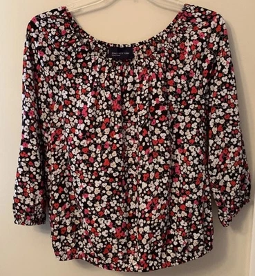 Jones & Co Jones New York Black Floral Peasant Top Blouse Shirt Womens Large - Image 1 of 4