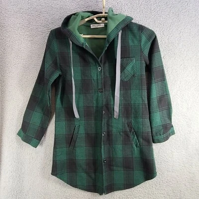 Grace Karin Womens Jacket Buffalo Green Plaid Button Down Topper Hood Sz Small - Image 1 of 4