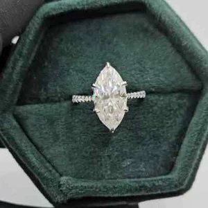 2.92 TCW Marquise Cut Moissanite Proposal Engagement Ring 14K White Gold Plated - Picture 1 of 10