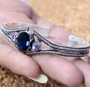 Blue Tanzanite, Amethyst Cut Gemstone Bracelet 925 Sterling Silver Bangle - Picture 1 of 6