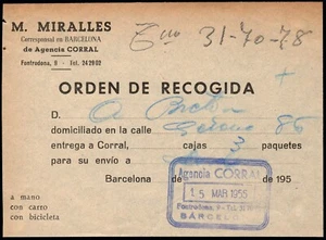 España - Recadero - 1955 - Orden recogida y tampón "Agencia Corral 15/3/55 - .." - Bild 1 von 1