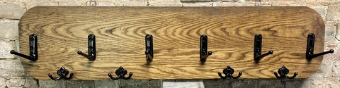 Primitive Antique 42" Solid Oak Coat & Hat Rack w/ 10 Cast Iron Hooks Wall Mount Cover