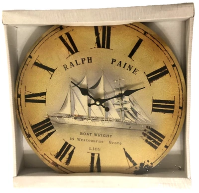 Ralph Paine Boat Wright Roman Numerals Beige Round Quartz Wall Clock 13.5" New - Image 1 of 3