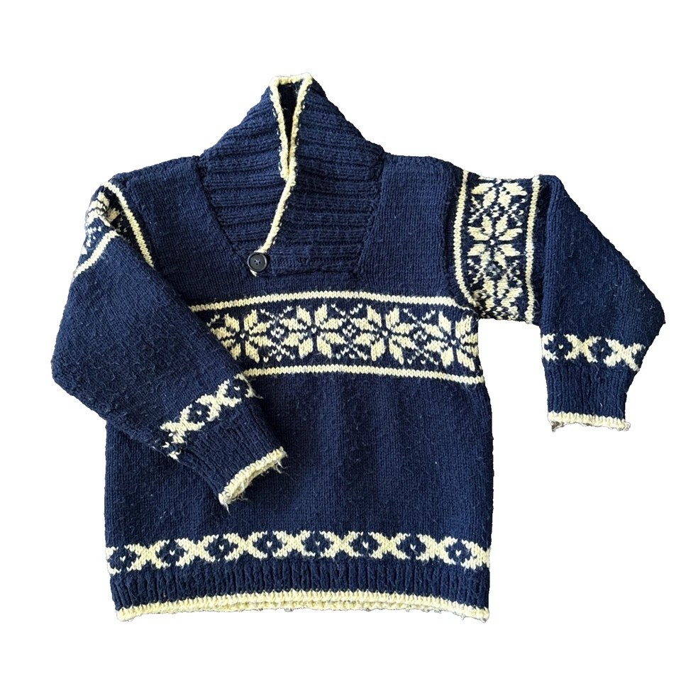Hand Knit Fair Isle Shawl Collar Sweater Kids Med 7/8 Navy Yellow Snowflakes - Image 1 of 4