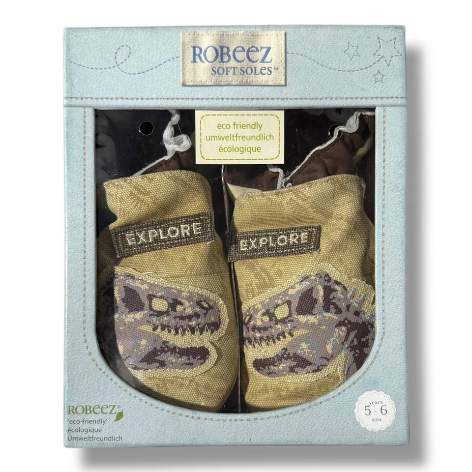 Roobez Baby Boy Soft Soles Eco Friendly Organic Dig Cream Dinosaur 5-6 Years - Image 1 of 1