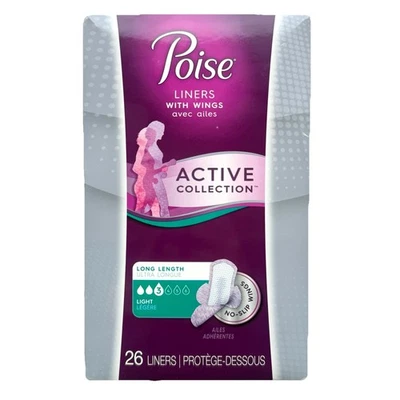 Forros de bragas Poise Active para incontinencia con alas largas ligeras 26 forros sellados Foto 1 de 4