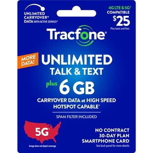Tracfone $25 llamadas y mensajes de texto ilimitados, 6 GB de datos / 30 días (tarjeta física) - Imagen 1 de 5
