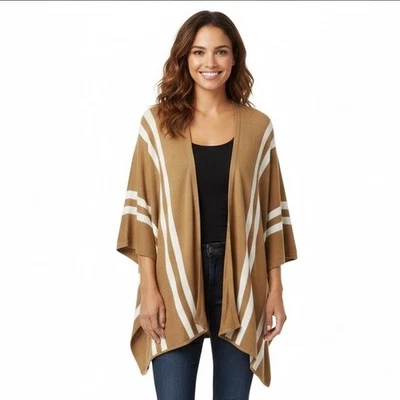 NEW Forever 21 Poncho Sweater Cardigan Women One Size Tan White Stripe Wrap Work - Image 1 of 4