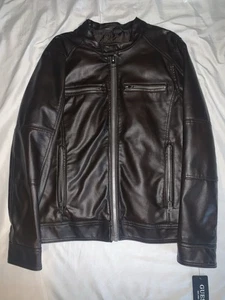 Guess Mens Regular Fit Size Small Black Faux Leather Motorcycle Jacket - Picture 1 of 2