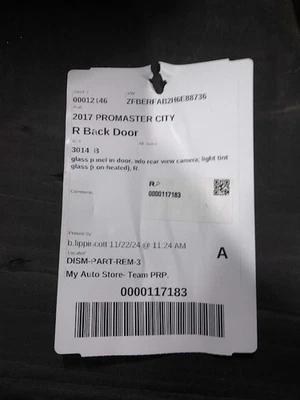 Conjunto de puerta de carga trasera derecha usada para: Ram Promaster City Glass Pan 2017 Foto 1 de 4