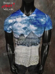 Mens T Shirt Blue Louvre Paris All Over Print Sublimation Designs Slim Stretch - Picture 1 of 4