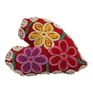 NEW Handmade Large Vintage Chenille Heart Pillow 3 Plush Flowers Valentine Decor - Picture 1 of 8