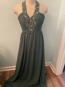 JJ’s House Women’s Sz 12 Dark Green Beaded Halter Neck A Line Evening Gown EUC - Picture 1 of 14