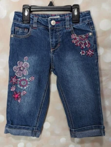 Circo Girls Youth Pink & Silver Embroidery Floral Turn Cuff Denim Jeans Size 5 - Picture 1 of 13