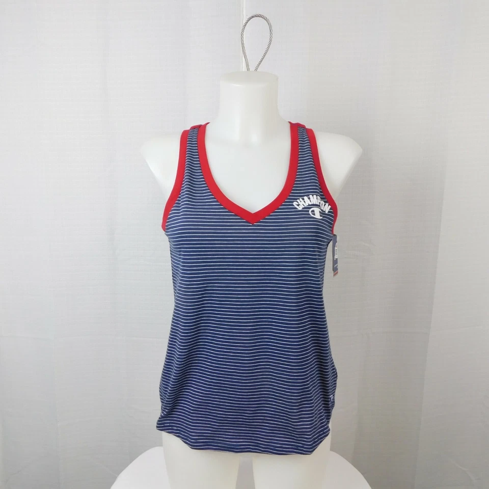 Champion Top Heritage Red V Neck Tank Striped Women Navy Blue Sz S 903