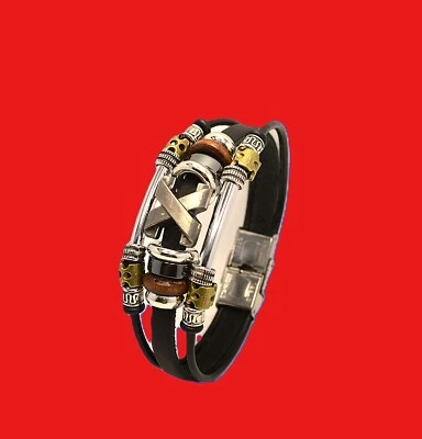 X Pulsera con cuentas de cuero PU genuino hebilla de acero inoxidable Foto 1 de 4