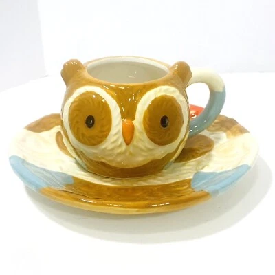 Juego de tazas y platos de búho 3D pintado a mano loza cerámica invierno vacaciones conjunto Foto 1 de 4