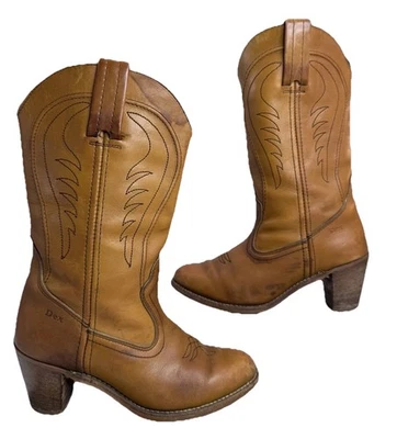 VTG Dexter Brown Leather Stacked Heel Western Boots Size 8.5M USA Made 70s - Image 1 of 4