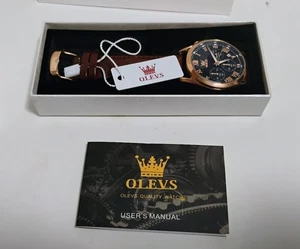 OLEVS HERREN UHR WASSERDICHT LUXUS ANALOG QUARZ TIMING MIT ECHT LEDER BAND - Bild 1 von 6