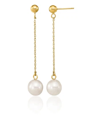 10K Solid Yellow Gold 7mm White Round Freshwater Cultured Pearl Dangle Earrings - Image 1 of 4