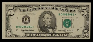 FR 1982-B* $5 1993 Federal Reserve Note US - Star Note - VF+ - SKU-CA1860 - Picture 1 of 2