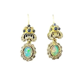 Opal 50 Diamond Sapphire Earrings 14K Gold Hook Back And Gilt Sterling Earrings - Picture 1 of 21