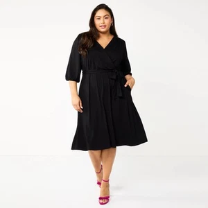 NWT Draper James RSVP 2X 20 22 Black Knit Wrap Classy Comfort Flare Midi Dress - Picture 1 of 6