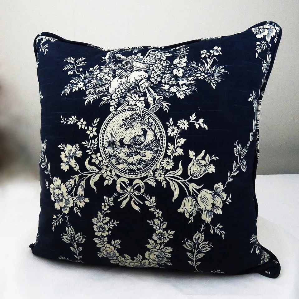 Throw Pillow Cover 22 x 22 Waverly Toile Navy Blue Cording Cushion Shams Case - Image 1 of 3